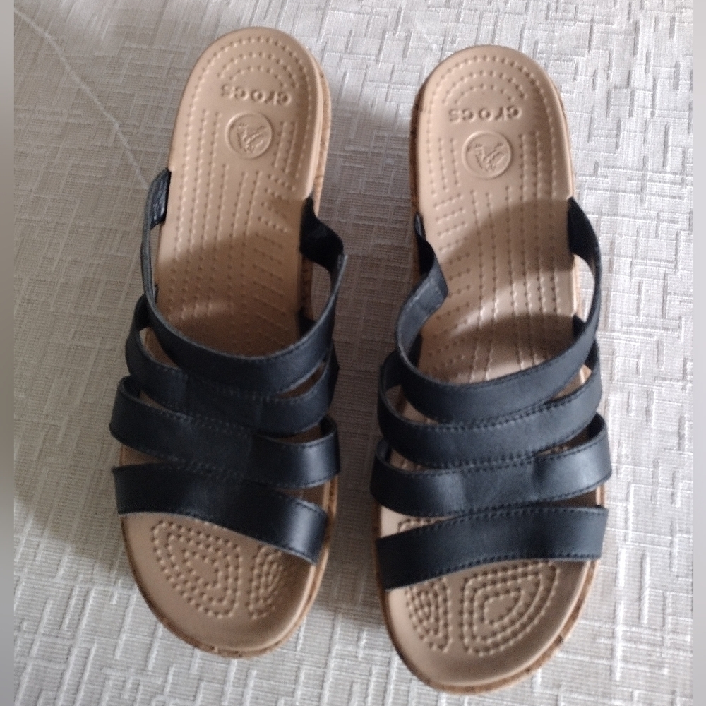 Crocs Leigh Wedge Sandals Womens 11 Black Strappy Cork Heel Slip On Comfort Shoe